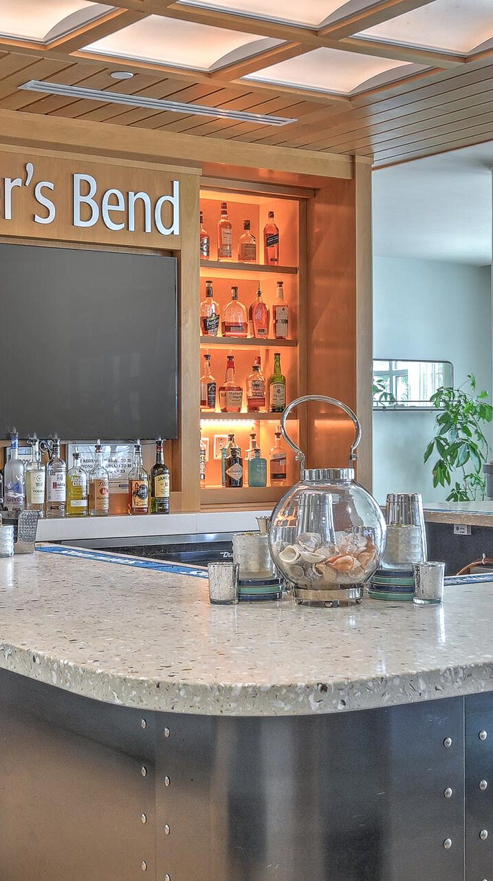 Hunter's Bend Bar seating with a TV